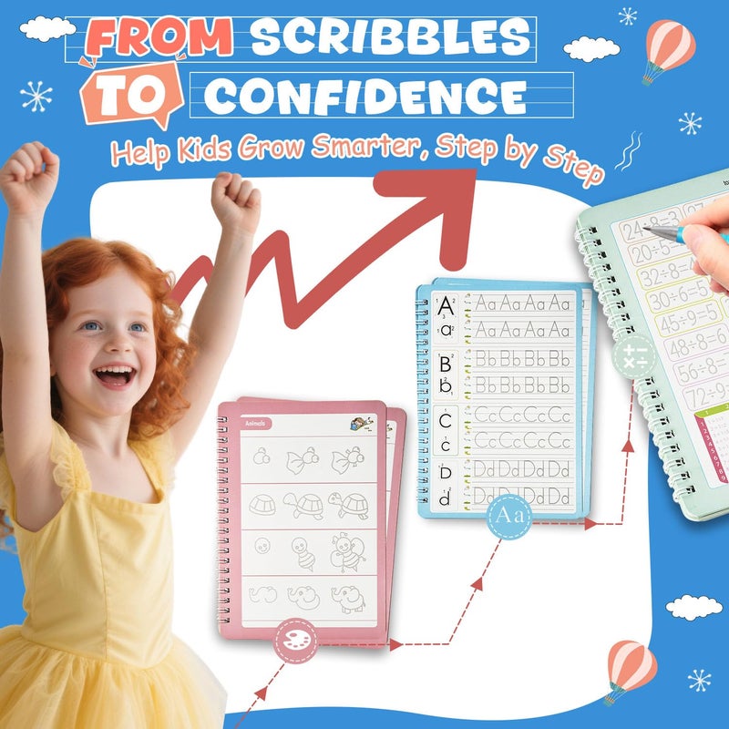 QMUBOT Magic Grooved Writing Books for Kids-Handwriting Practice for Kids 5-8 - Tracing Books for Kids Ages 3-5 - Preschool, Kindergarten Learning-Letters, Numbers, Math, Drawing (Blue Box, 9.45 in x 6.5 in) - Image 4